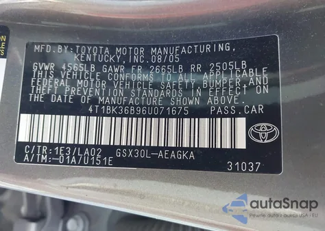 2006 Toyota Avalon Xls z USA, uszkodzony, nr VIN 4T1BK36B96U071675